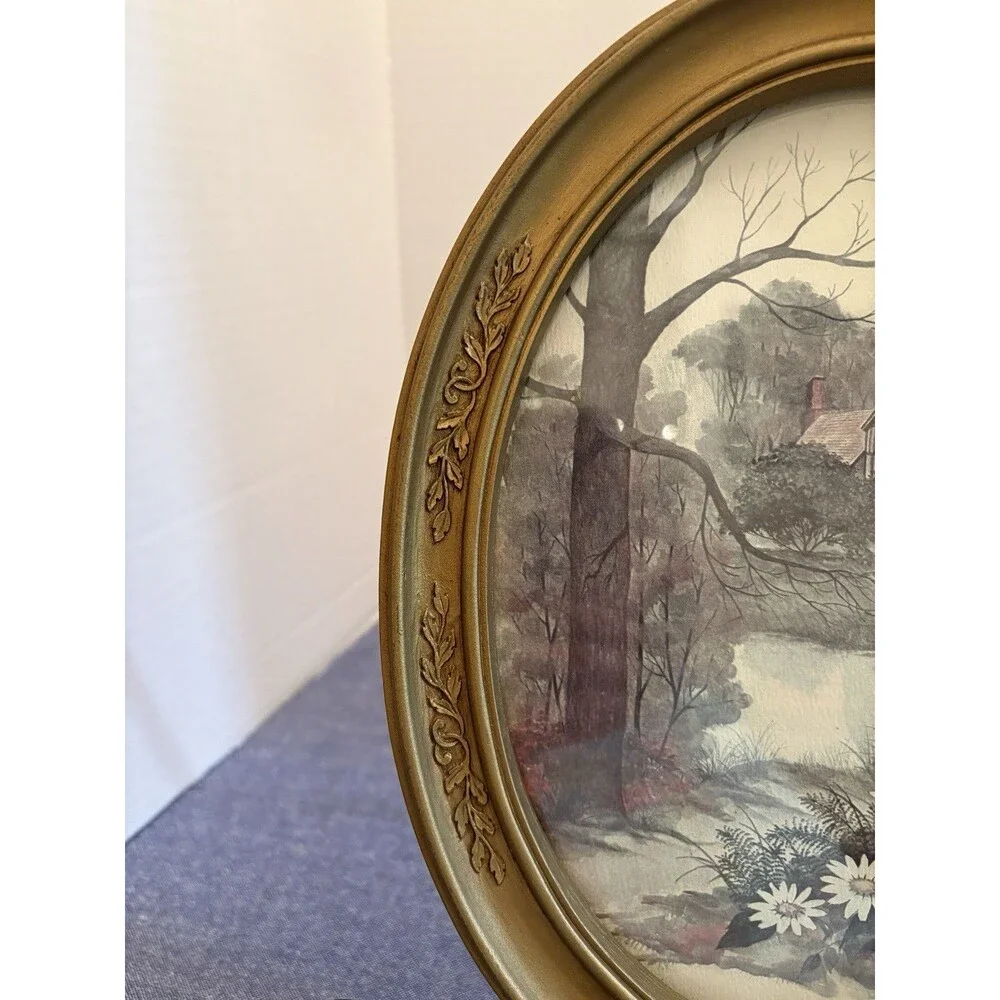 Two Vintage HomCo Gold Tone Oval Framed Prints by Artist F. Massa